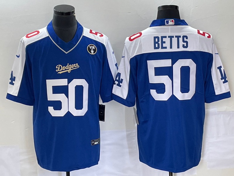 Men's Los Angeles Dodgers #50 Mookie Betts Blue Vin Scully Patch Stitched Jersey